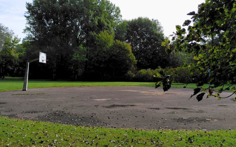 Beweeglint bij leeg betonnen veld met basket in de wijk Fokkesteeg